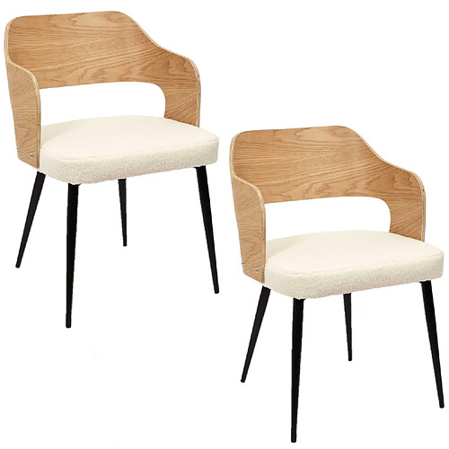 Toilinux Lot de 2 Fauteuils de table assise bouclette Loki en contreplaqué et polyester - Beige et Blanc