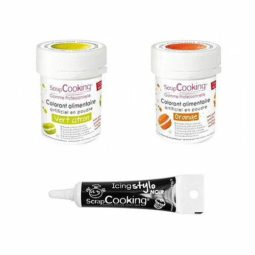 Scrapcooking 2 colorants alimentaires orange-vert citron + Stylo glaçage noir