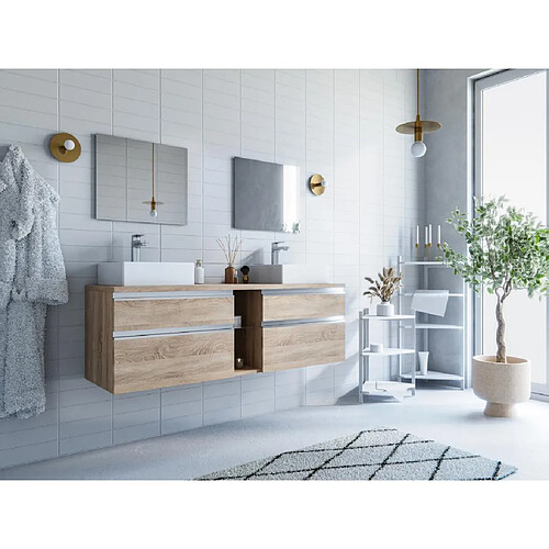 Vente-Unique Meuble de salle de bain suspendu avec double vasque et miroirs - Coloris naturel clair - 150 cm - MAGDALENA II