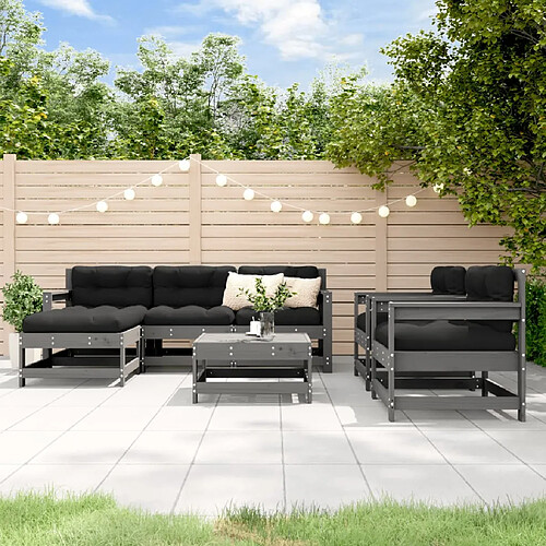 vidaXL Salon de jardin 7 pcs avec coussins gris bois massif