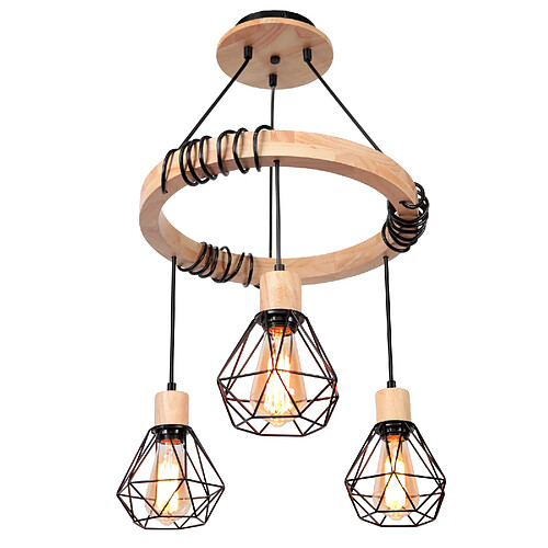 Stoex F40CM Lustre Rétro Plafonnier En Bois E27 3 Flammes, Lampe De Plafond Annulaire Lustre Cage En Métal Pour Salon, Cuisine, Chambre, Noir