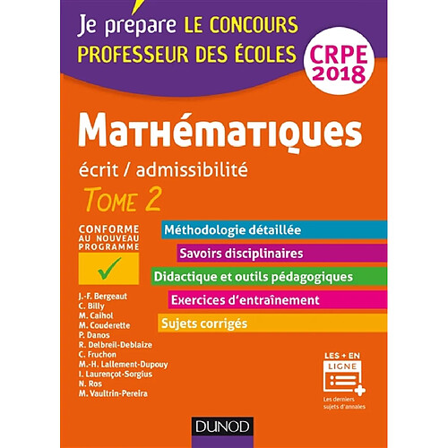 Mathématiques : écrit-admissibilité, CRPE 2018 : conforme au nouveau programme. Vol. 2 · Occasion