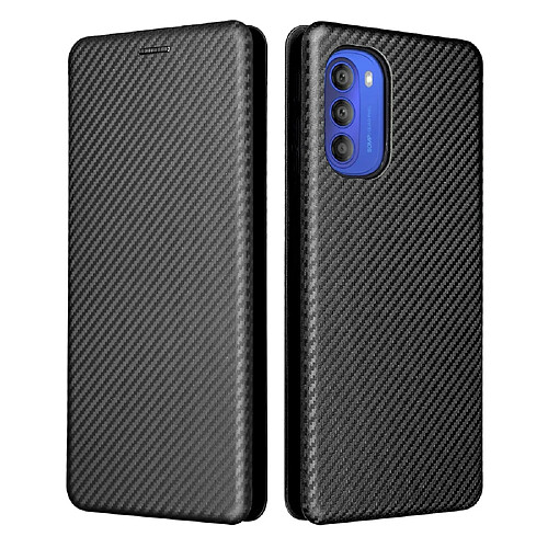 Coque en TPU + PU texture en fibre de carbone avec béquille en anneau et porte-carte noir pour votre Motorola Moto G51 5G