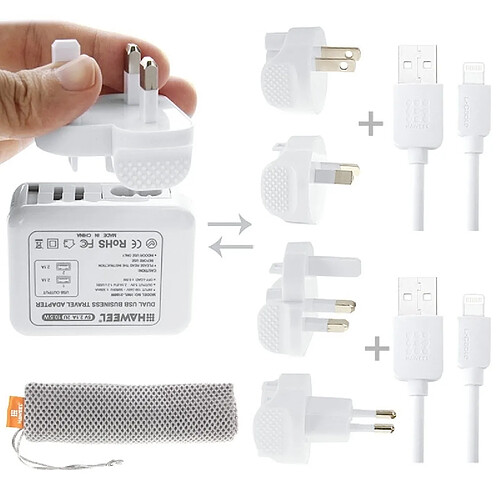 Wewoo Pour iPhone, Galaxy, Huawei, Xiaomi, LG, HTC et autres smartphone, appareils rechargeables Kit de chargeur de voyage avec sac en filet mural double USB de 2,1 A avec 4 adaptateurs de fiche + câble USB de 2 x Lightning ,