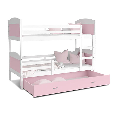 Kids Literie Lit Superposé Mateo 90x190 Blanc - rose Livré avec sommiers, tiroir et matelas en mousse de 7cm