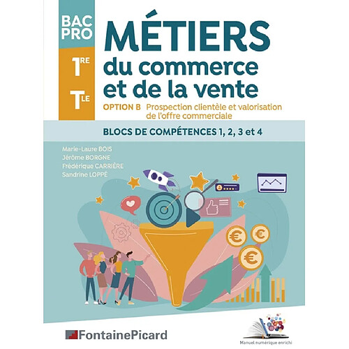 Métiers du commerce et de la vente, option B, prospection clientèle et valorisation de l'offre commerciale, bac pro, 1re, terminale : blocs de compétences 1, 2, 3 et 4B