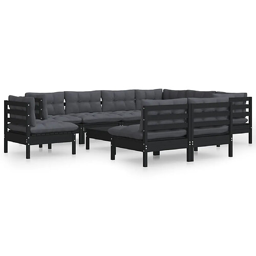 Maison Chic Salon de jardin 10 pcs + coussins - Mobilier/Meubles de jardin - Table et chaises d'extérieur Noir Bois de pin solide -MN93851