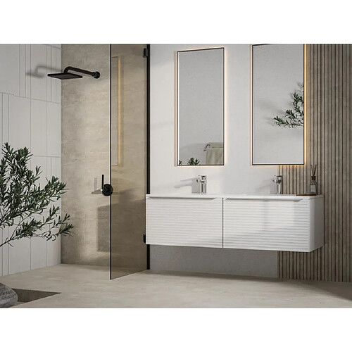 Vente-Unique Meuble de salle de bain suspendu strié blanc avec double vasque à encastrer - 120 cm - LATOMA