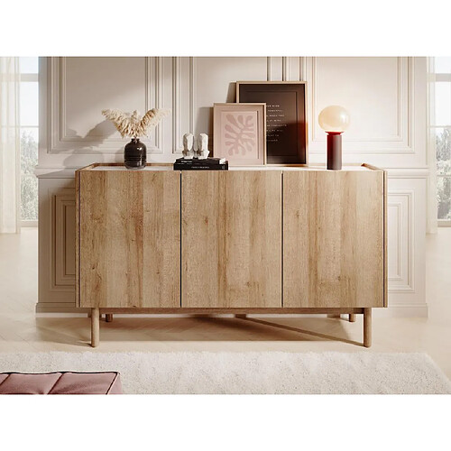 Vente-Unique Buffet avec 3 portes - Naturel clair et effet marbre blanc - SITOLI