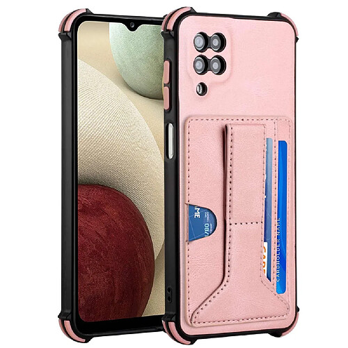 Coque en TPU + PU coussin aux quatre coins avec béquille et porte-cartes or rose pour votre Samsung Galaxy A12