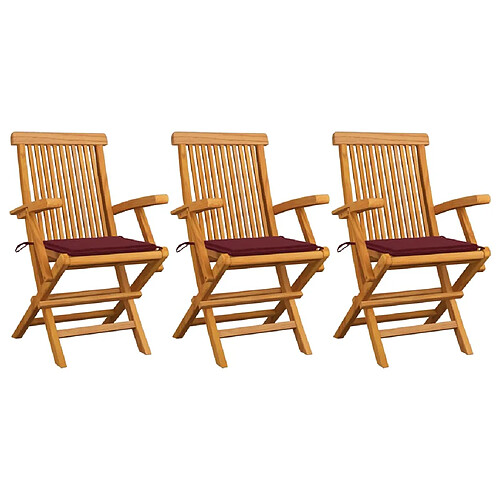 vidaXL Chaises de jardin avec coussins rouge bordeaux lot de 3 Teck