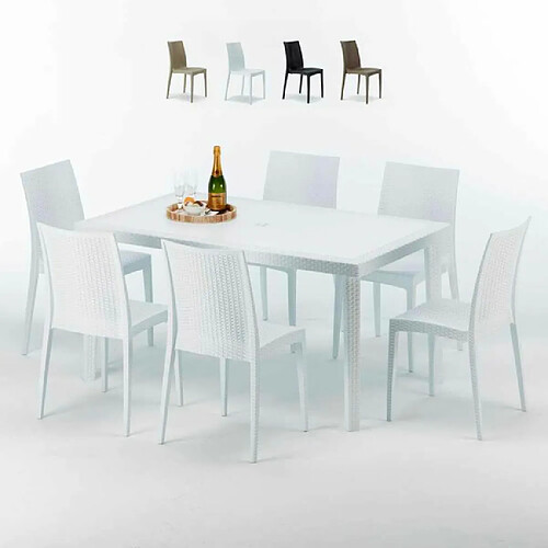 Table Rectangulaire Blanche 150x90cm Avec 6 Chaises Colorées Grand Soleil Set Extérieur Bar Café Bistrot Summerlife, Couleur: Blanc