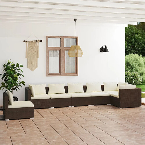 vidaXL Salon de jardin 7 pcs avec coussins Résine tressée Marron