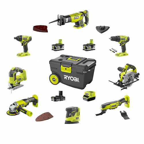 Pack RYOBI Combo 8 outils - 2 batteries 5.0Ah et 1 batterie 2.0Ah - 1 chargeur - R18CK8-3552T