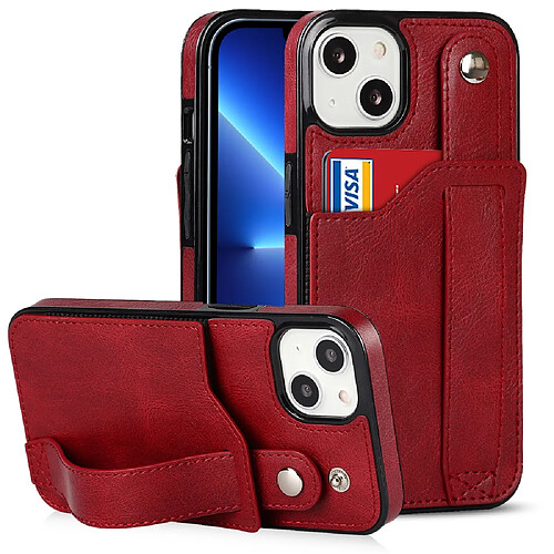 Coque en TPU + PU Fonction de blocage RFID, anti-rayures avec béquille pour dragonne et porte-carte rouge pour votre iPhone 13 6.1 pouces