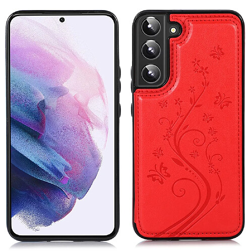 Coque en TPU + PU motif fleur, deux boutons magnétiques avec béquille et porte-cartes rouge pour votre Samsung Galaxy S22 5G