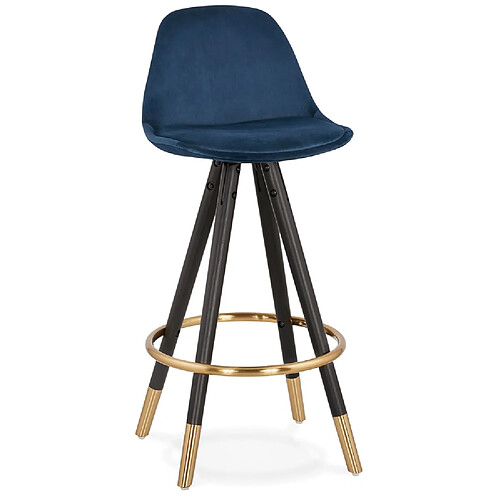 Alterego Tabouret snack mi-hauteur design 'CHICAGO MINI' en velours bleu et 4 pieds en bois noir