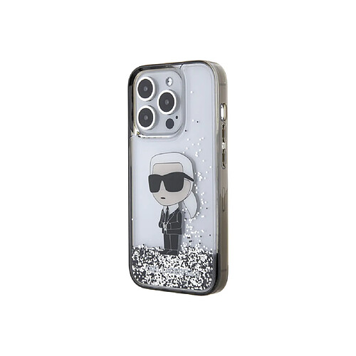 Karl Lagerfeld Coque pour Apple iPhone 15 Pro Max Glitter Ikonik Paillettes flottantes Argent