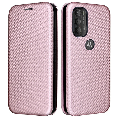 Coque en TPU + PU texture en fibre de carbone avec support et porte-carte or rose pour votre Motorola Moto G71 5G