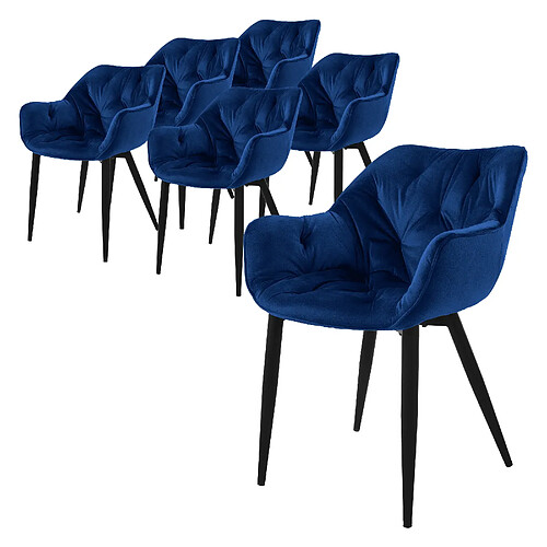 ML-Design Lot de 6 chaises de salle à manger assise bleu foncé en velours pieds métal noir