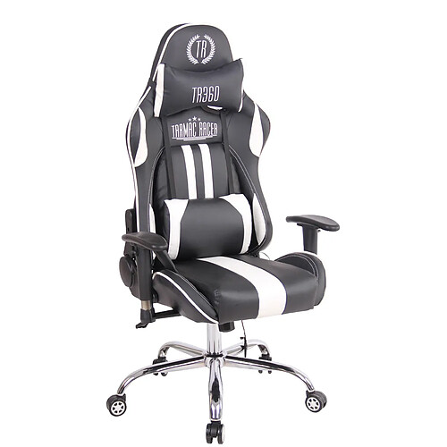 Decoshop26 Fauteuil de bureau gamer design sportif fonction de massage chauffant avec coussins en PVC noir / blanc 10_0002529