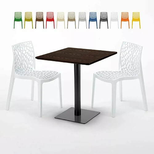 Grand Soleil Table carrée 70x70 plateau effet bois avec 2 chaises colorées Gruvyer Melon - Blanc