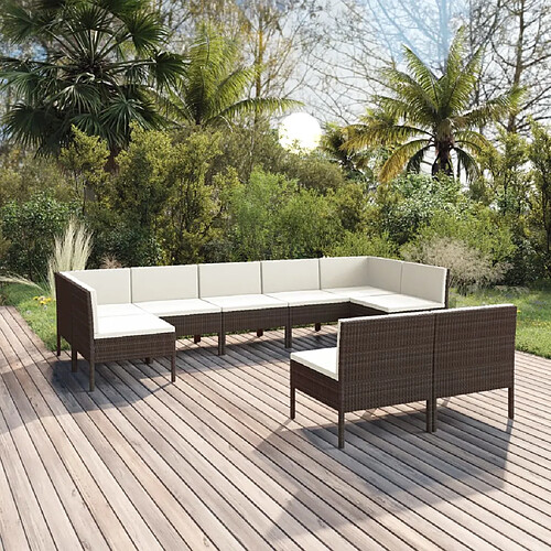 vidaXL Salon de jardin 9 pcs avec coussins résine tressée marron