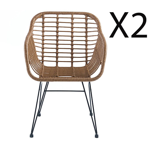 Pegane Lot de 2 fauteuils de jardin en imitation rotin coloris naturel, pieds en métal noir - Longueur 56 x profondeur 61 x hauteur 82 cm