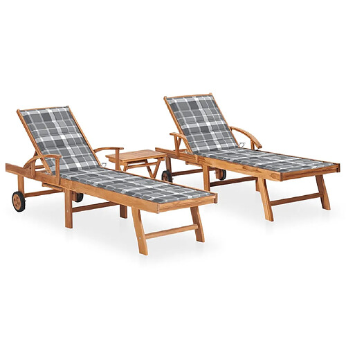 Helloshop26 Lot de 2 transats chaise longue bain de soleil lit de jardin terrasse meuble d'extérieur avec table et coussin bois de teck solide 02_0012090