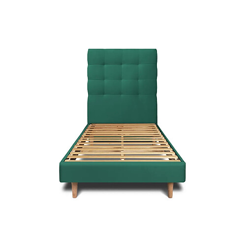 Sommeil de plomb Lit 90x200cm avec tête de lit capitonnée velours et sommier kit vert - Hauteur totale : 29cm