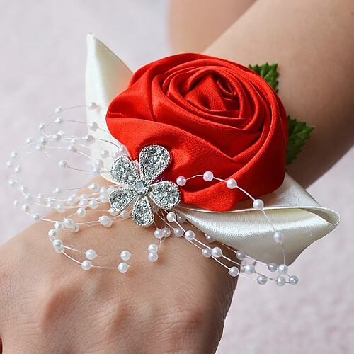 Wewoo Mariée à la main rose et rouge poignet fleur boutonnière bouquet corsage diamant satin fleurs