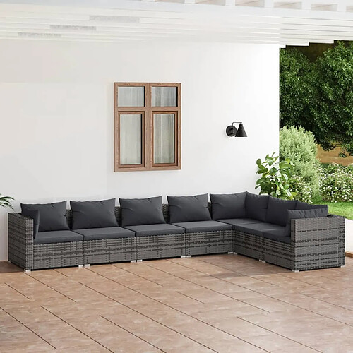 vidaXL Salon de jardin 7 pcs avec coussins Résine tressée Gris