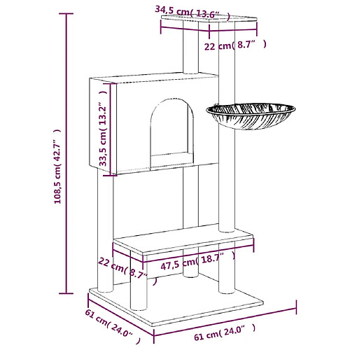 Helloshop26 Arbre à chat meuble tour grimper jouet grattage grattoir escalade plateforme avec griffoirs en sisal foncé 108,5 cm gris 02_0022639