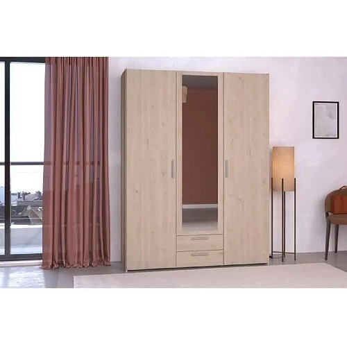 PARISOT Armoire VARIA - Décor chene - 3 portes + 2 tiroirs + miroir - L 150 x H 200 x 51 cm