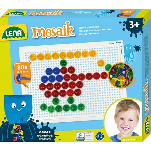 Lena emboîter avec 80 fiches transparentes-Diamètre : 15 mm-Jeu de mosaïque pour les enfants à partir de 3 ans-Kit complet avec plaque enfichable d'environ 21 x 16 cm et organiseur, multicolore, 35622