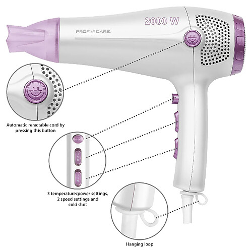 Sèche-Cheveux professionnel ionique 2 vitesses 3 temp cordon rétractable, 2000, Blanc/Violet, Proficare, HT3020