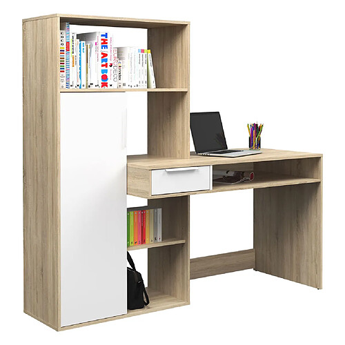 Alter Bureau multifonction avec bibliothèque, Table d'étude, parfait pour une chambre ou un bureau moderne, cm163x60h155, couleur Blanc et Chêne