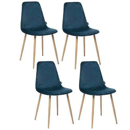 Toilinux Lot de 4 Chaises en polyester effet velours et pieds en fer Roka - Bleu Canard