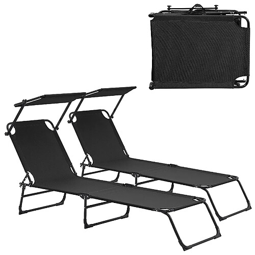 Helloshop26 Lot de 2 transats pliable 190 cm avec toiture pare-soleil de relax acier noir 03_0004513