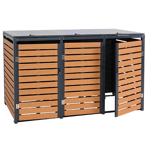 Decoshop26 Abris poubelles 3 compartiments 119 x 205 x 84 cm wpc métal 109kg aspect teck 04_0008241