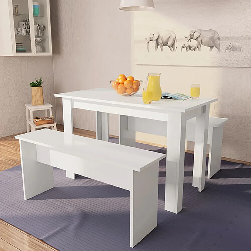 vidaXL Table de salle à manger et bancs 3 pcs Bois d'ingénierie Blanc