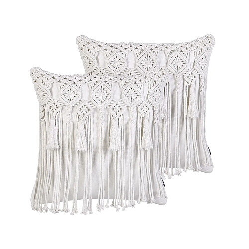 Beliani Lot de 2 coussins BAMIAN Coton 45 x 45 cm Géométrique Macramé Blanc cassé