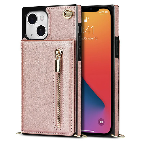 Coque en TPU + PU anti-rayures avec béquille, porte-cartes et lanière rose pour votre iPhone 13 mini 5.4 pouces