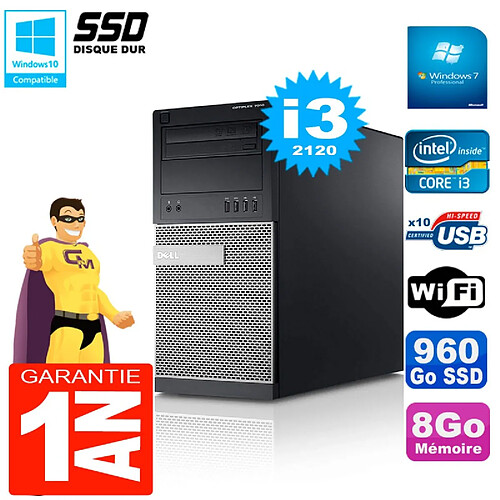 PC Tour DELL 7010 Core I3-2120 RAM 8Go Disque 960 Go SSD Wifi W7 · Occasion