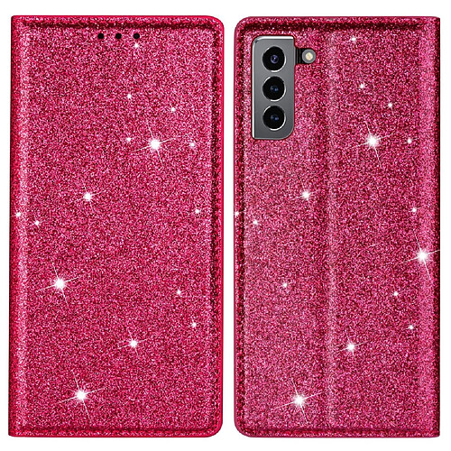 Coque en TPU + PU motif de paillettes, absorption magnétique avec porte-carte rose pour Samsung Galaxy S22