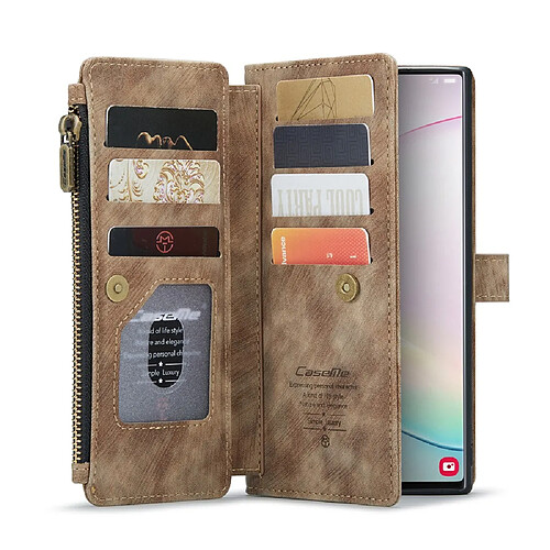 Caseme Etui en PU + TPU antidérapante avec support, porte-cartes et poche zippée marron pour votre Samsung Galaxy Note 10 Plus/Note 10 Plus 5G