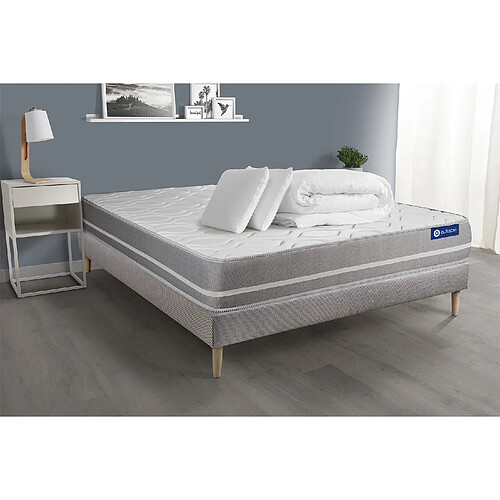 ACTISOM Pack prêt à dormir matelas Ressorts ensachés ACTIFLEX TOUCH 200x200 3zones confort + sommier KIT gris + 2 oreillers +couette