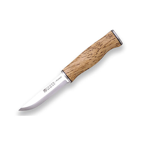 Couteau de montagne Joker "Puukko" CL127, mango bouleau frisé, lame de 10 cm en acier Sandvik 14C28N, comprend un étui en cuir brun, outil pour la pêche, la chasse, le camping et la randonnée