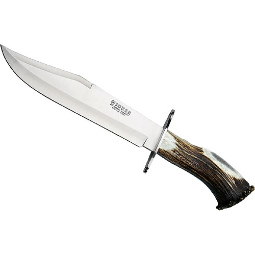 Couteau Joker Bowie avec tête de couronne et chevreuil MOVA de 25 cm, traverse en acier inoxydable, étui en cuir, 525 grammes, carte-cadeau multi-usage CN101 +