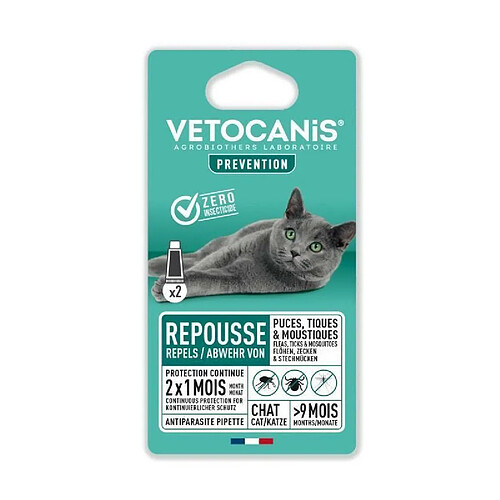 VETOCANIS 2 Pipettes anti-puces et anti-tiques - Pour Chat - 2x 1 mois de protection